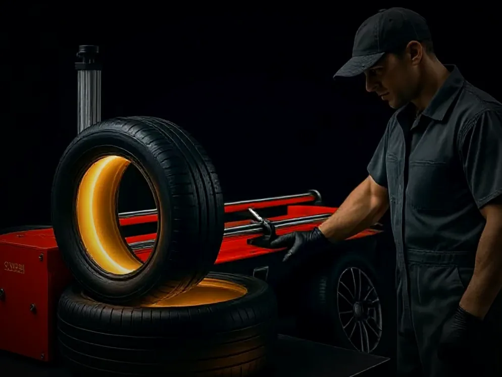 Operator loading tyre into Halston machine